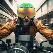 motociclista con indosso un casco verde sfreccia per una strada urbana