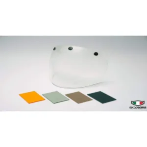 prototype of a transparent three-button visor with the four color options at the bottom: amber, dark transparent, dark brown and black